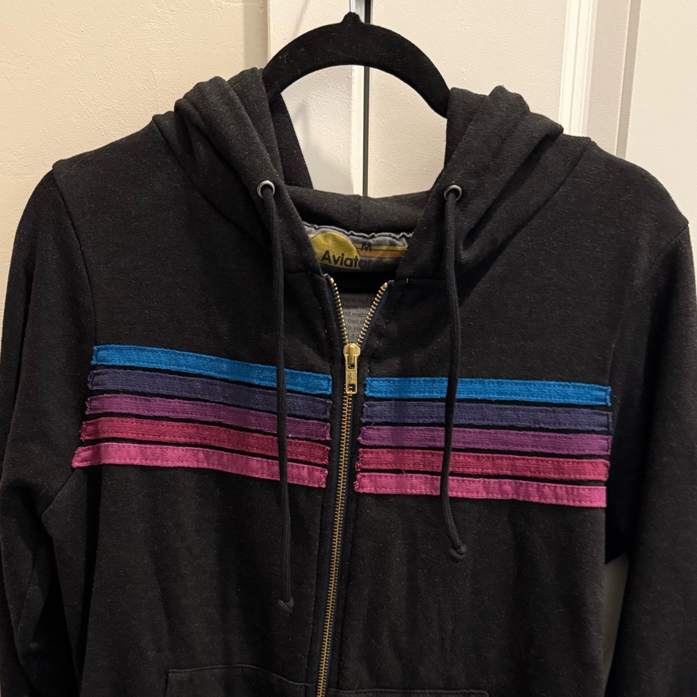 Aviator Nation Black Zip Hoodie with Blue, Purple & Pink Stripes